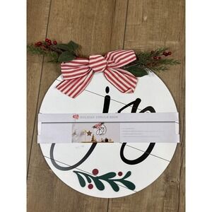 Christmas Holiday Circle Sign Joy Wood Round Decor 15 Inch Red White Bow Berries